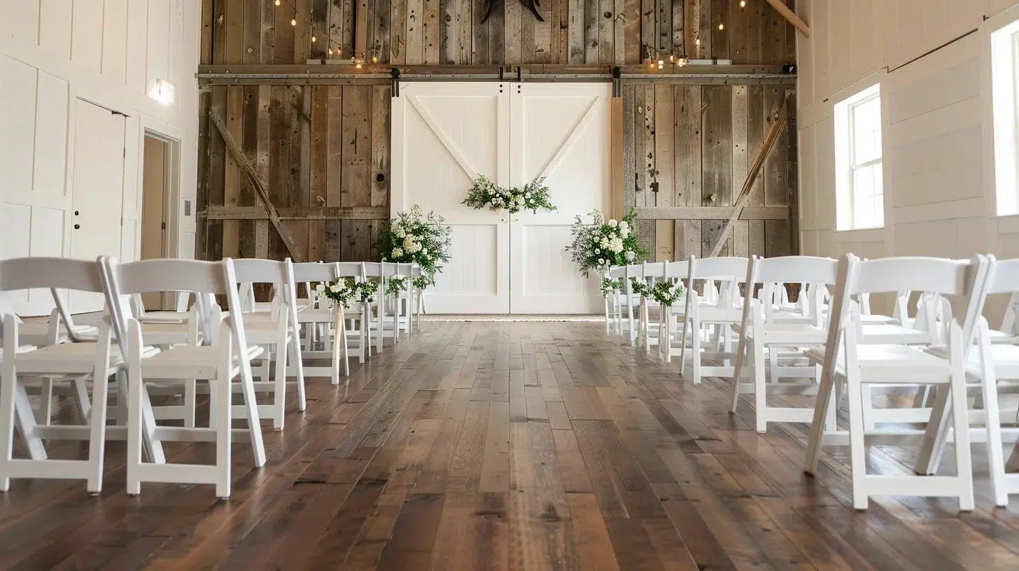 a beautifully arranged wedding ceremony setup features elegant white chairs and rustic wooden tables adorned with tasteful decorative accents, set against a stylish indoor venue that exudes sophistication and charm.