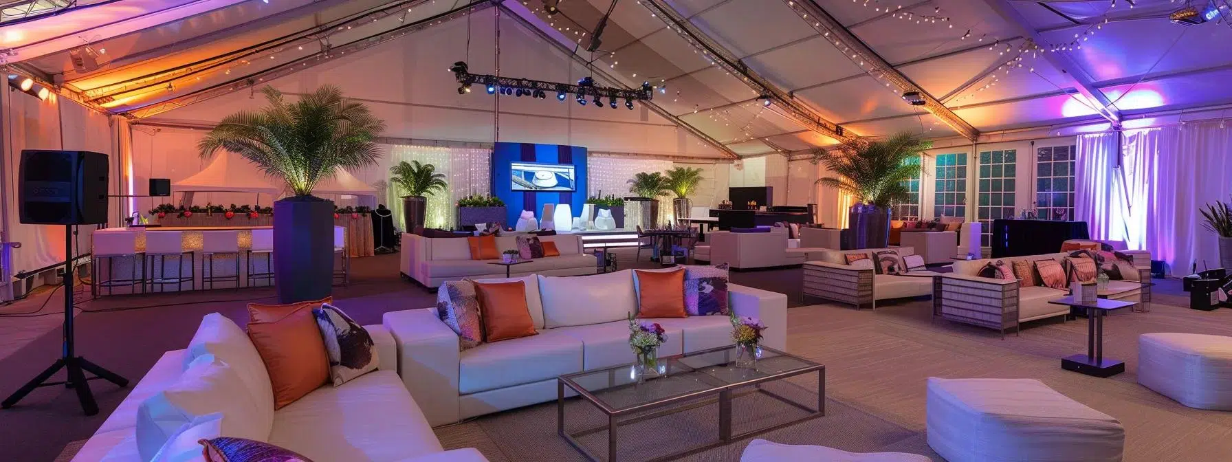a brightly lit, elegantly arranged event tent showcases modern furnishings and high-tech audiovisual equipment, with professional installation elements in the background, reflecting a seamless blend of comfort and sophistication for an upscale gathering.