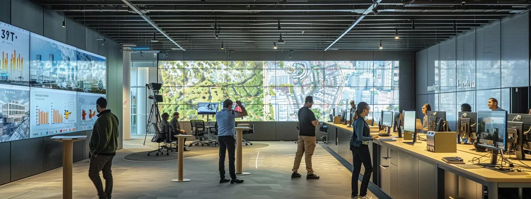 a bustling event planning office showcases a large digital screen displaying weather data and adaptive infrastructure blueprints, with focused planners discussing strategies to ensure the safety and sustainability of upcoming outdoor events amidst a backdrop of urban cityscape.