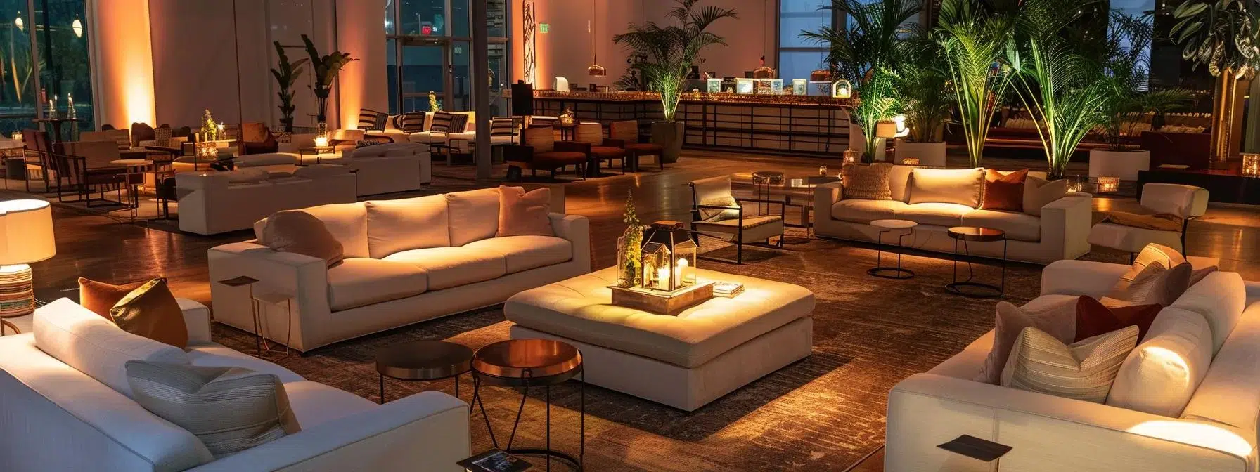 a contemporary cocktail hour scene showcases stylish, modular seating arrangements with integrated lighting, elegantly arranged in a sleek urban venue to reflect the latest trends and cater to guest preferences.