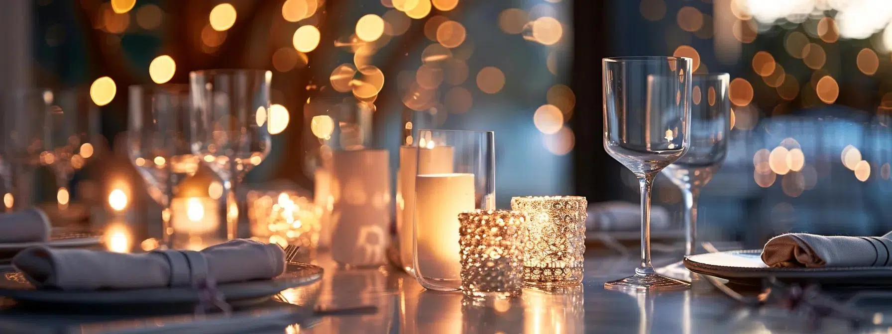 a contemporary table setting for an intimate celebration showcases a minimalist arrangement with intricate, recycled glass centerpieces, accompanied by ornate tableware and illuminated by smart, adaptable lighting that enhances the sophisticated ambiance.
