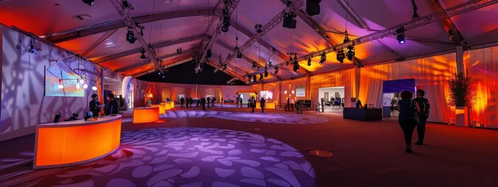 a dynamic and strategically organized exhibition space showcases an innovative tent layout, featuring engaging areas for interaction and seamless flow, illuminated by bright, focused artificial lighting that enhances the modern atmosphere.