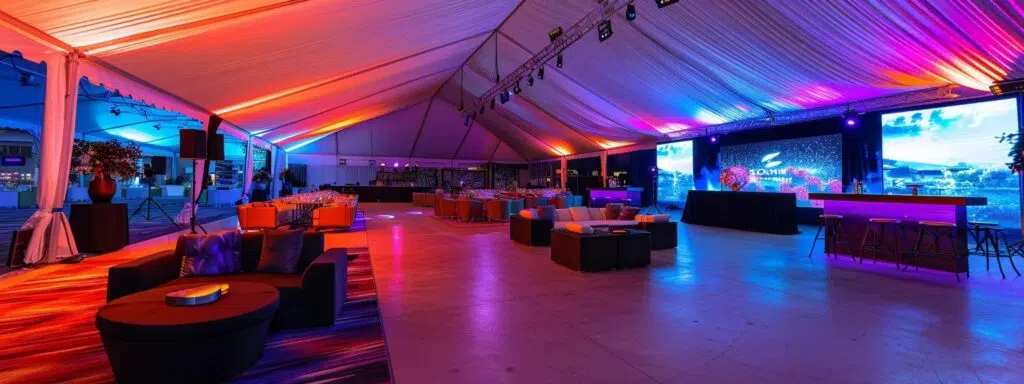 a dynamic indoor event space showcases a sleek, modern tent equipped with sophisticated climate control systems, highlighting the contrast between a vibrant, bustling atmosphere and advanced technology managing both warmth and coolness, illuminated by soft, ambient lighting.