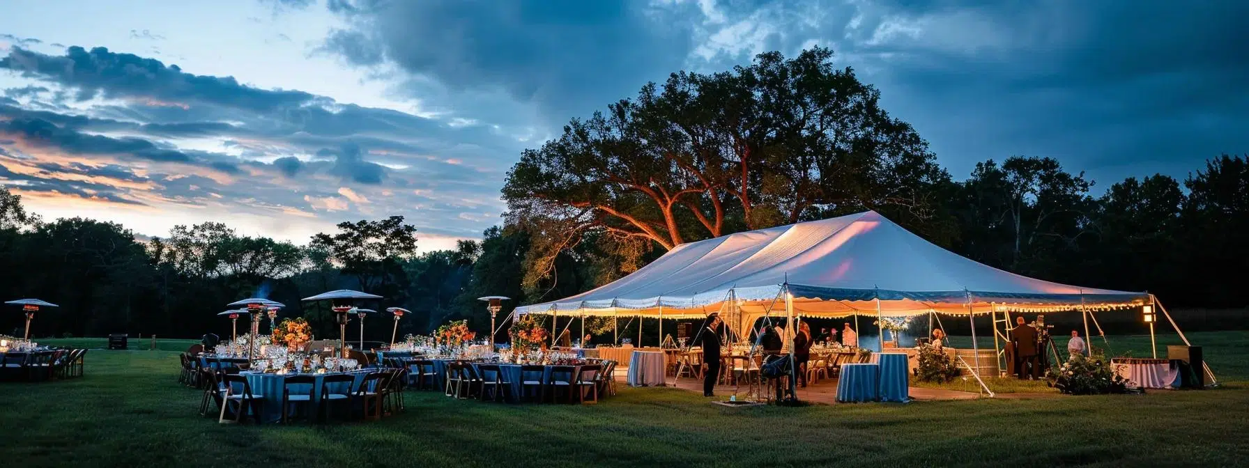 a dynamic outdoor event setup under a large tent, featuring tables and chairs equipped for various weather conditions, with organizers coordinating seamlessly amidst a backdrop of darkening skies, emphasizing proactive planning for unpredictable weather.