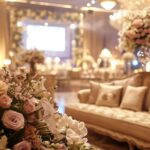 a lavish wedding setup featuring elegantly arranged furniture, adorned with soft, sophisticated fabrics and intricate details, set against a refined indoor venue filled with ambient, romantic lighting.