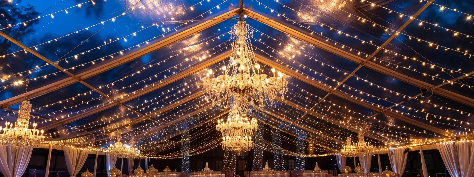 a lavishly lit event tent showcases elegant chandeliers and vibrant led string lights, casting a warm glow that accentuates the sophisticated decor and distinct areas within the space.