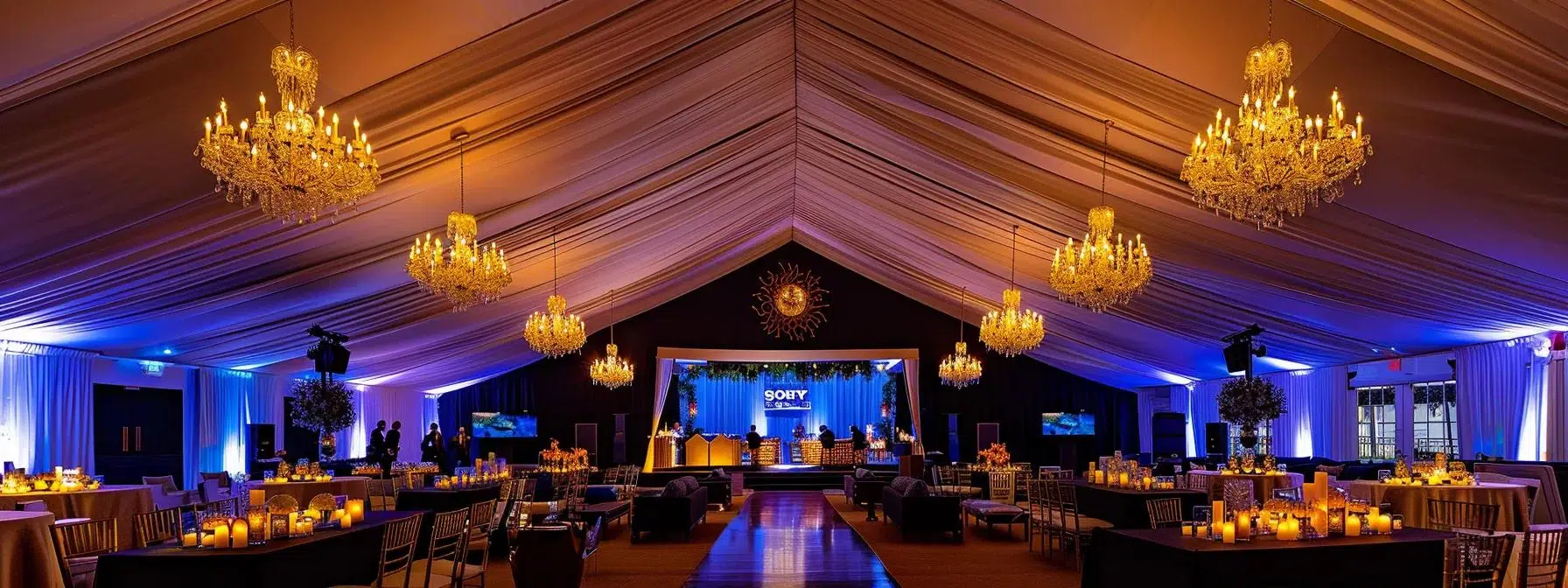 a luxurious tent interior showcases elegant lighting fixtures, stylish seating arrangements, and sophisticated decor elements that create an inviting and immersive atmosphere for an upscale event.
