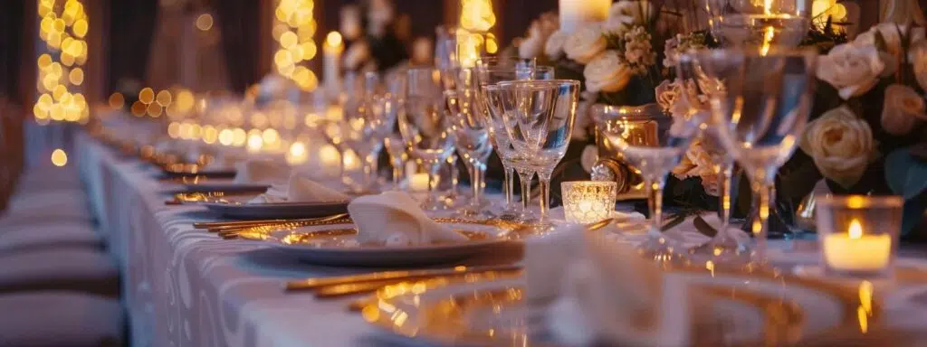 a meticulously arranged banquet table in an upscale event setting, showcasing an abundance of elegant tableware and polished cutlery, with soft ambient lighting highlighting the sophistication of the dining experience.