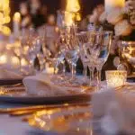 a meticulously arranged banquet table in an upscale event setting, showcasing an abundance of elegant tableware and polished cutlery, with soft ambient lighting highlighting the sophistication of the dining experience.