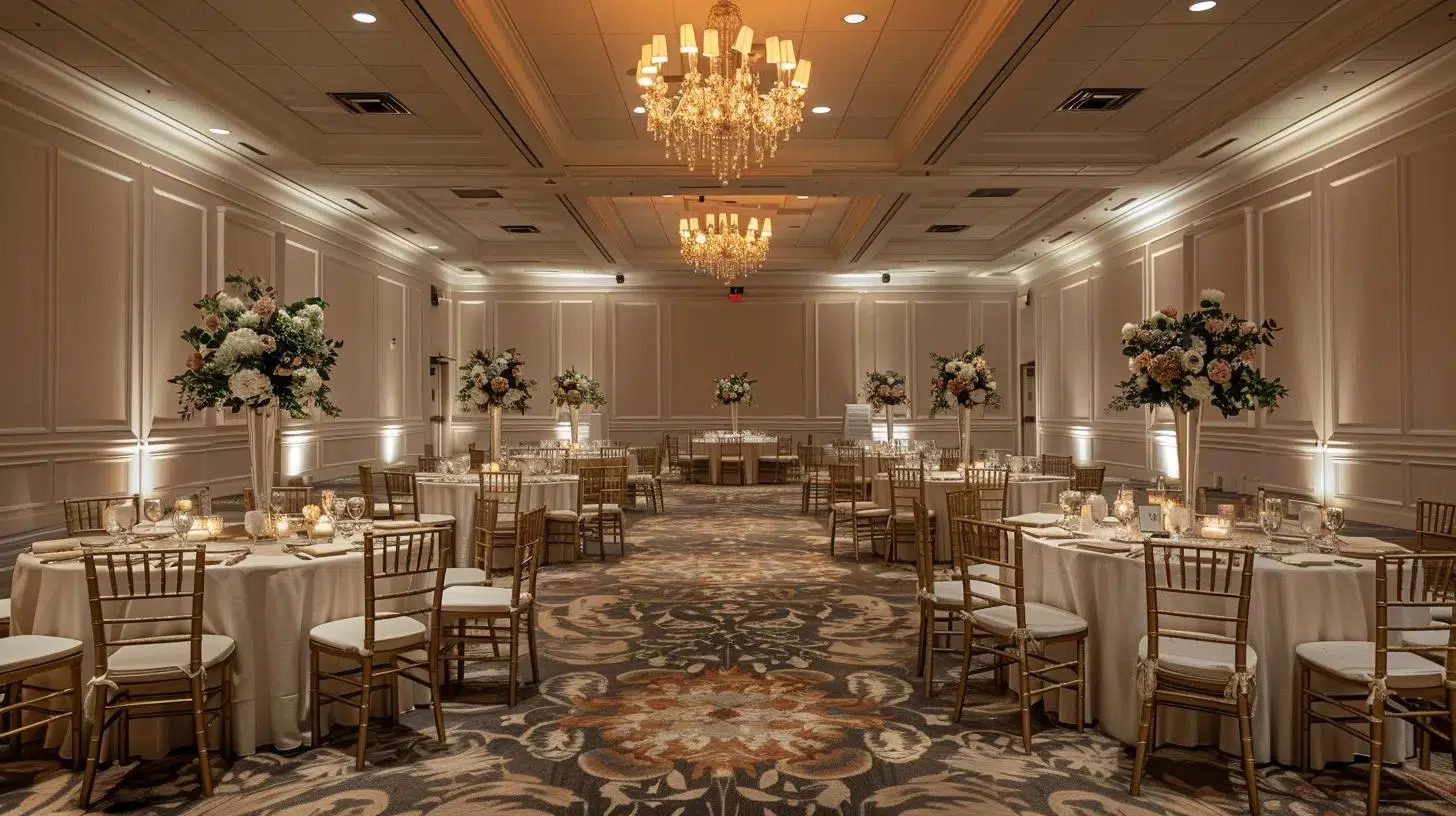 a meticulously arranged wedding setup in a chic reception hall showcases elegantly coordinated rental furniture, with tables adorned with sophisticated linens and ambient lighting, all reflecting the careful planning that ensures a seamless ceremony and celebration.