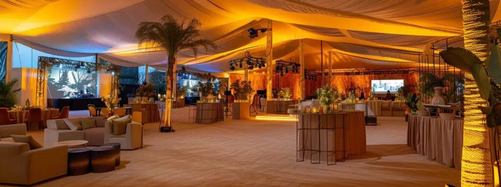 a modern event space showcases a diverse array of intricately designed tents, each styled uniquely to highlight their specific uses for various occasions, illuminated by elegant ambient lighting to enhance the sophisticated atmosphere.