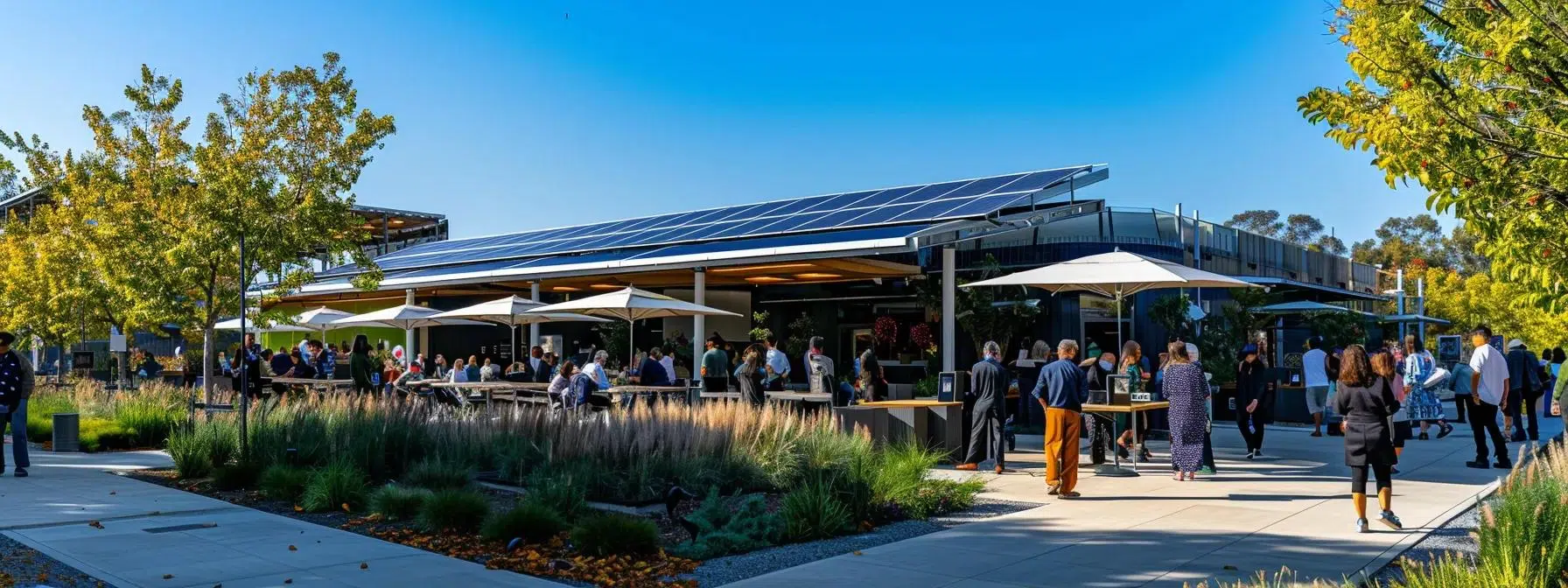 a modern outdoor event space, featuring sleek solar panels and innovative waste management stations, bustling with attendees enjoying a lively atmosphere while promoting sustainable practices.