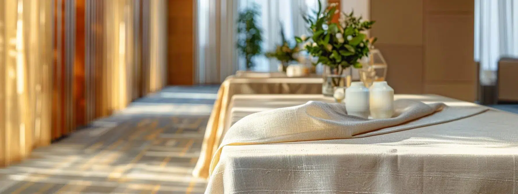 a neatly arranged display of elegant, premium event linens draped over a polished conference table in a sophisticated office setting, showcasing their pristine quality and detail under soft, ambient lighting.
