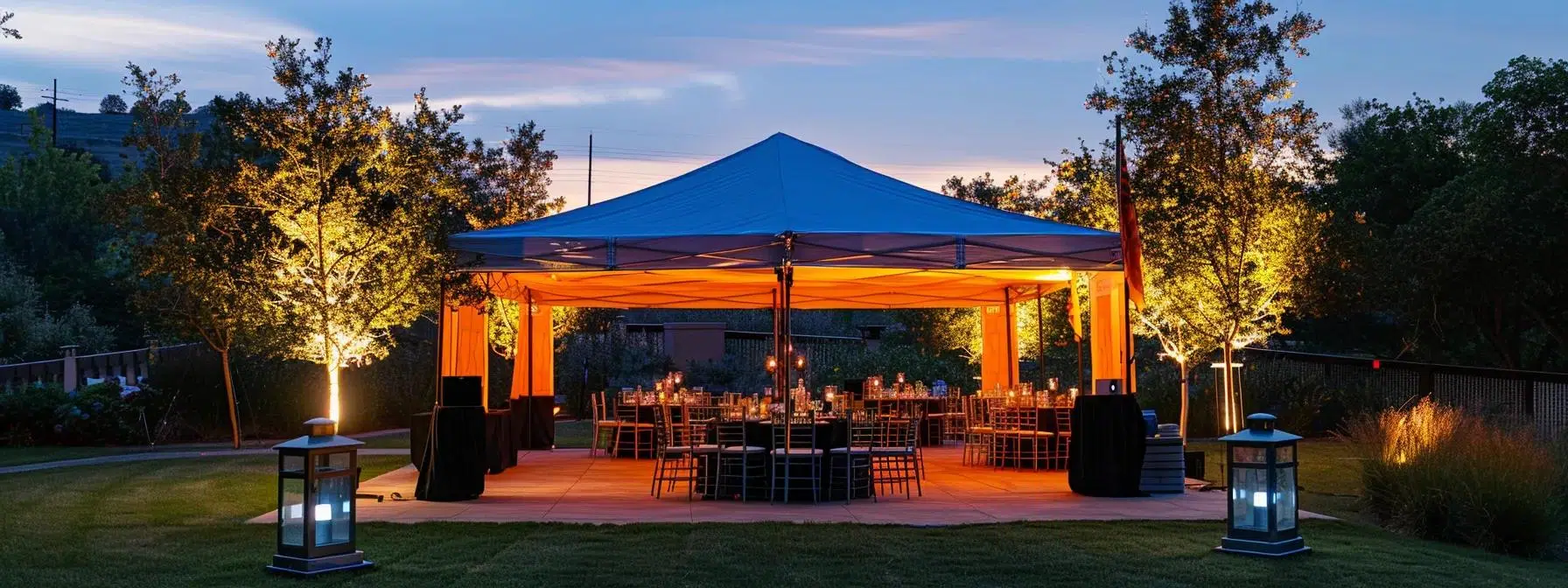 a professional and organized outdoor event setup featuring a neatly assembled pop-up canopy, with clear instructional elements visible for maintenance and troubleshooting, under bright artificial lighting that highlights the canopy's functionality.