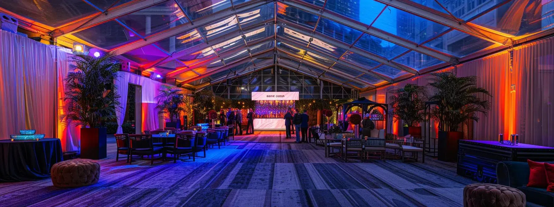 a professionally coordinated event setup in a bustling urban venue showcases a meticulously arranged tent, with staff in dynamic action ensuring every detail is flawlessly executed for a seamless experience.