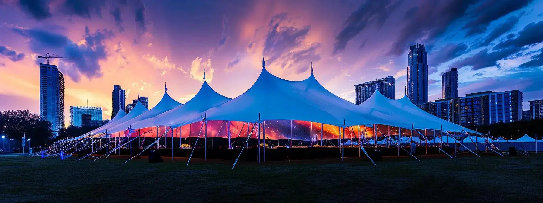 a robust and dynamic tent installation in an urban outdoor event space, showcasing various anchoring systems secured against a stormy backdrop, emphasizing stability and strength amid turbulent weather conditions.