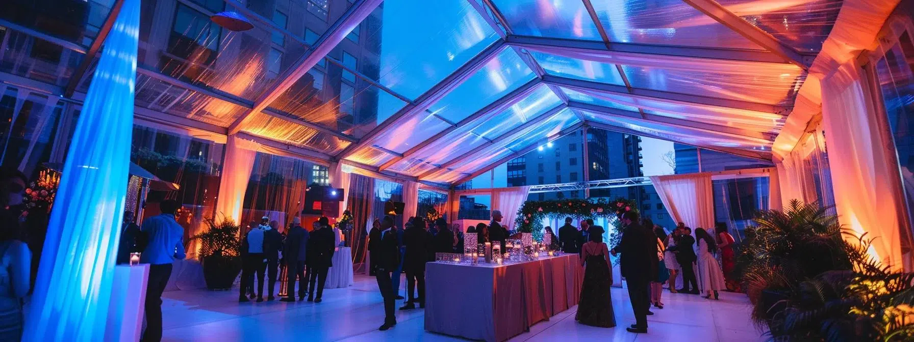 a sophisticated, elegantly designed all-weather event space featuring a stylish tent adorned with contemporary decor, seamlessly accommodating guests enjoying a lively gathering under ambient lighting, all set within a bustling urban backdrop.