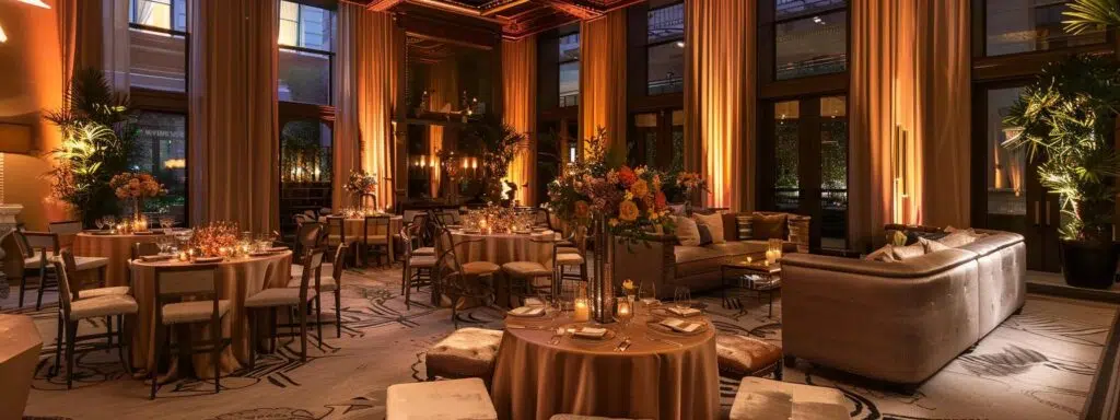 a sophisticated event space showcases an elegant blend of modern and vintage decor, featuring sleek furniture juxtaposed with ornate table settings, all illuminated by warm, ambient lighting that highlights the striking contrast in styles.