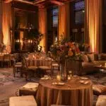 a sophisticated event space showcases an elegant blend of modern and vintage decor, featuring sleek furniture juxtaposed with ornate table settings, all illuminated by warm, ambient lighting that highlights the striking contrast in styles.