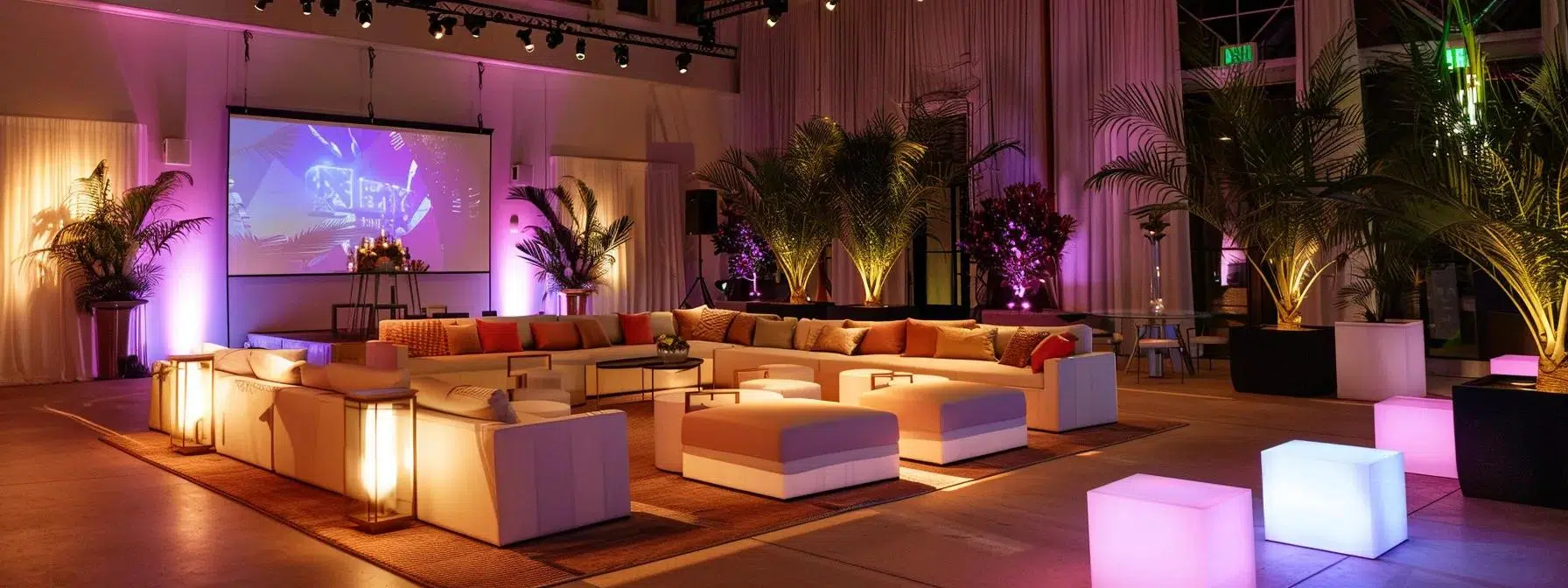a sophisticated event space showcases a sleek modular lounge set arranged in a stylish configuration, illuminated by elegant ambient lighting, emphasizing the customizability and modern aesthetic suitable for any upscale gathering.