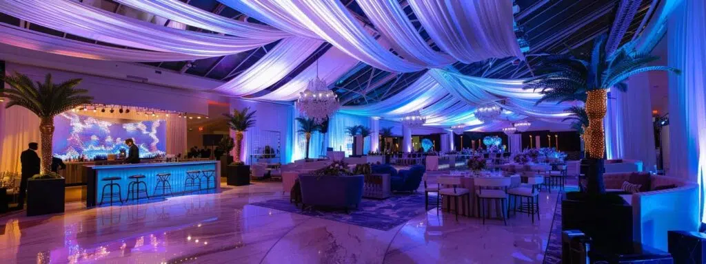 a sophisticated indoor event space, seamlessly designed with elegant tents and versatile decor, showcases a polished setting ready to accommodate guests under any weather condition, illuminated by vibrant, adjustable lighting.