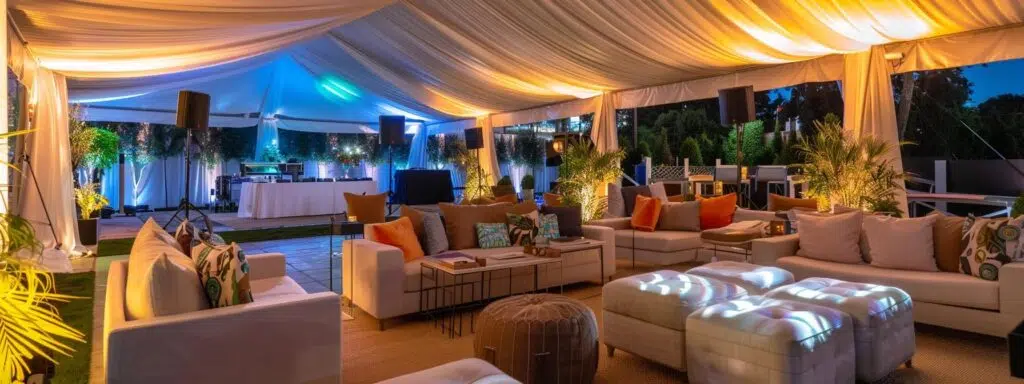 a sophisticated outdoor event setting is captured, showcasing a plush, elegantly designed tent with ambient lighting, perfectly balancing an open-air feel and an intimate atmosphere, surrounded by stylish decor and chic lounge furniture.