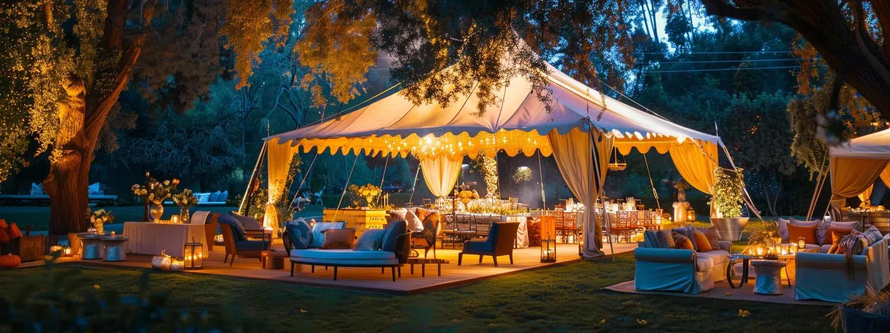 a sophisticated outdoor event setup showcases a large, elegantly draped tent tailored to accommodate a diverse group of guests, surrounded by stylish furniture and lighting that enhances the ambiance of the setting.