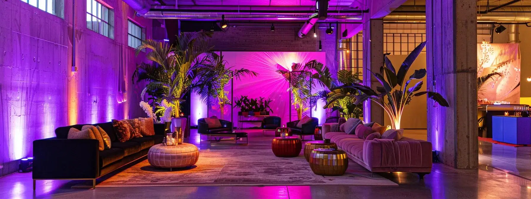 a sophisticated urban event space is elegantly styled with an array of bold, statement furniture pieces, each showcasing unique design elements that contribute to an impactful atmosphere for diverse themes.