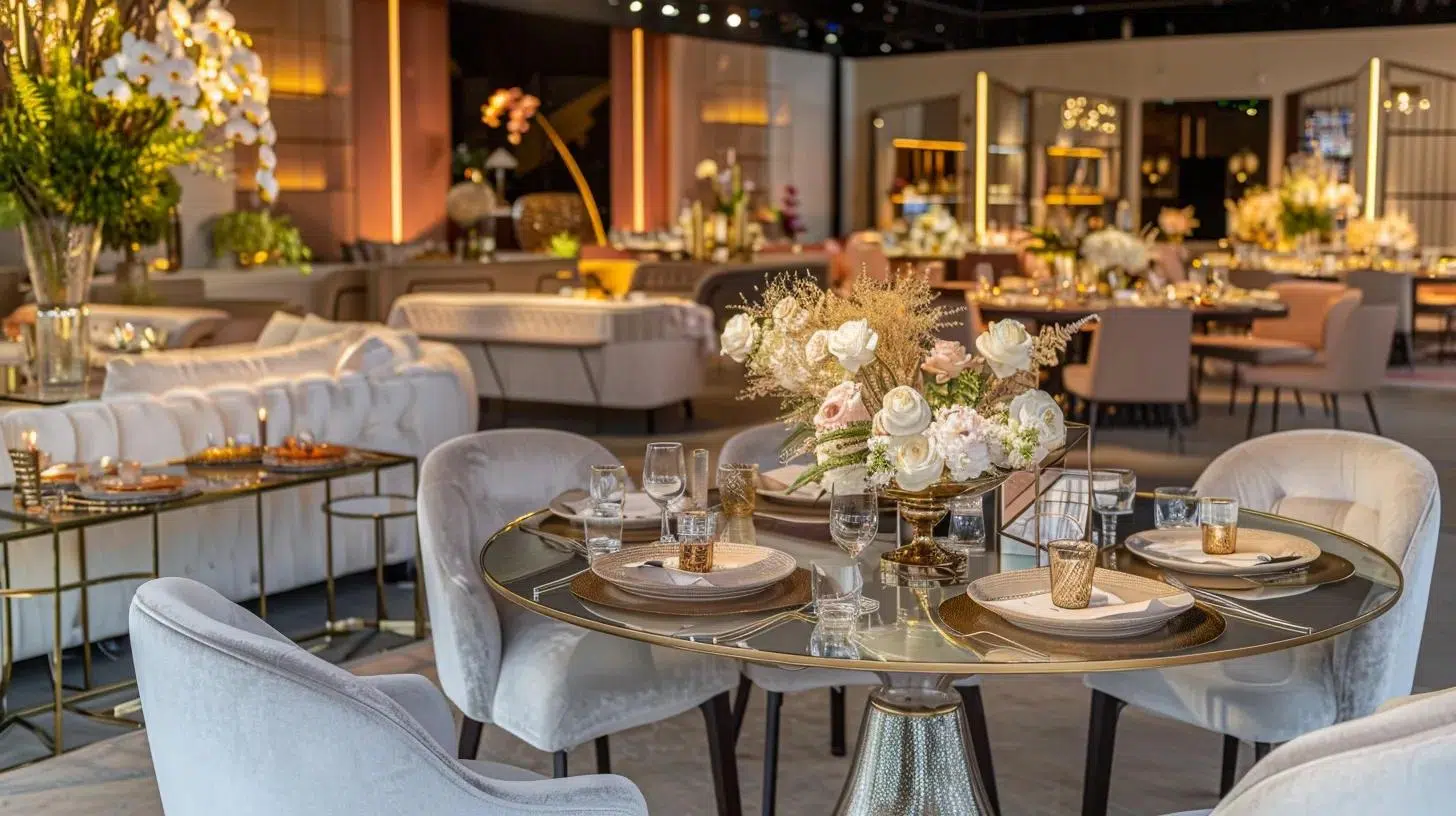 a sophisticated wedding furniture showroom showcases elegantly arranged rental items, featuring luxurious tables, stylish chairs, and exquisite decor, illuminated by soft, ambient lighting that radiates a sense of quality and customer-focused service.