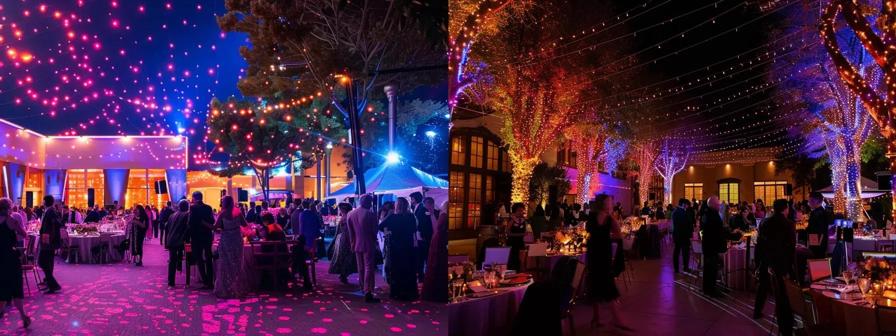 a split image showcasing the contrast between a vibrant, spacious open-air event with bright, dynamic lighting and an intimate gathering in a cozy room adorned with soft, warm lighting and elegant decor, illustrating the key differences in atmosphere.