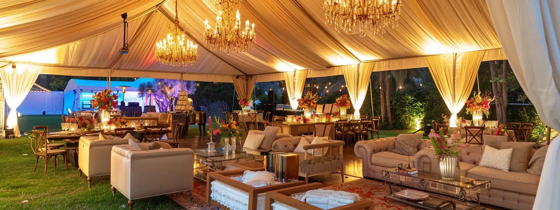 a stunning tent interior, elegantly styled with a blend of rustic charm and modern minimalism, featuring warm ambient lighting, chic furnishings, and tasteful decorative accents that perfectly embody popular event themes.