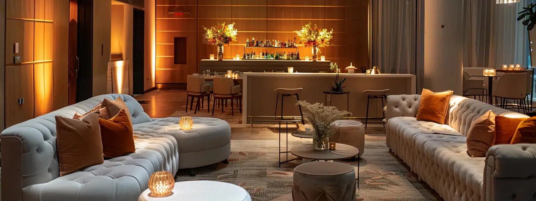 a stylish cocktail hour scene featuring elegantly arranged lounge areas with plush seating, contemporary high-top tables, and a mix-and-mingle setup, all bathed in warm ambient lighting to create an inviting atmosphere for guests to enjoy dynamic conversations.