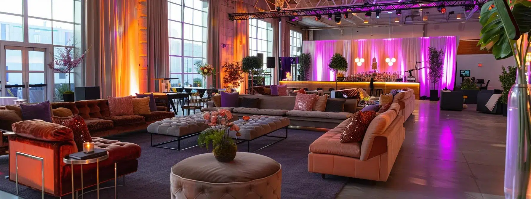 a stylish event space showcasing a captivating array of custom furniture pieces, artfully arranged to reflect the event's theme, featuring sleek lines, unique materials, and a sophisticated color palette that elevates the overall ambiance.