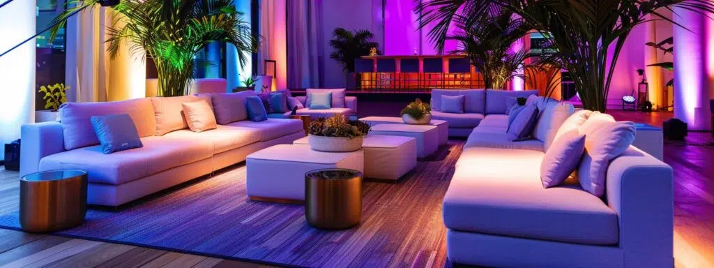 a stylish, modern event space filled with elegantly arranged, multifunctional furniture, showcasing a vibrant atmosphere where functionality meets aesthetic charm, illuminated by soft, ambient lighting.