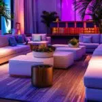 a stylish, modern event space filled with elegantly arranged, multifunctional furniture, showcasing a vibrant atmosphere where functionality meets aesthetic charm, illuminated by soft, ambient lighting.