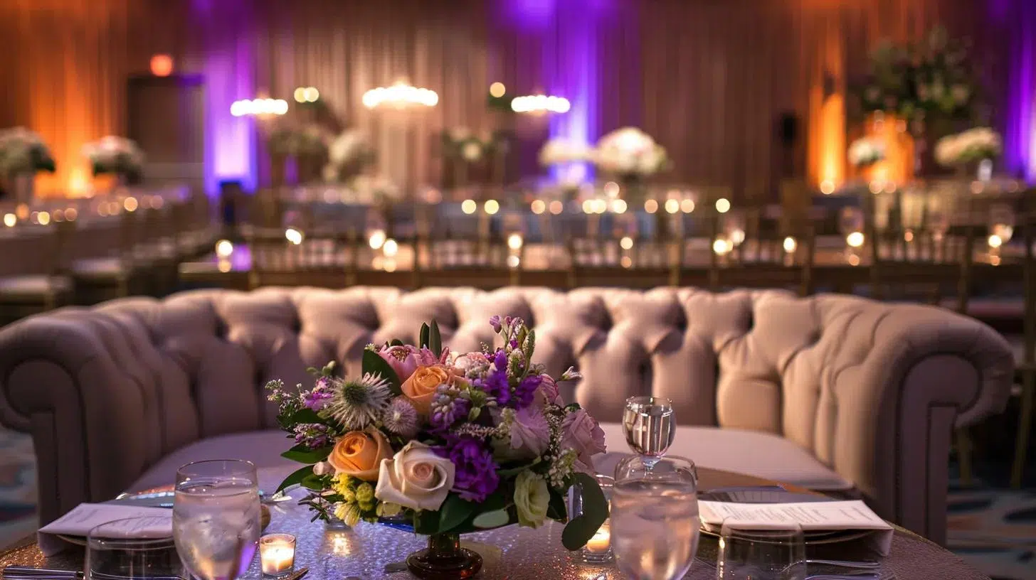a stylishly decorated wedding reception featuring elegantly arranged rental furniture, contrasting luxurious designs against a sleek, modern venue with dramatic lighting that emphasizes the versatility of renting for special events.