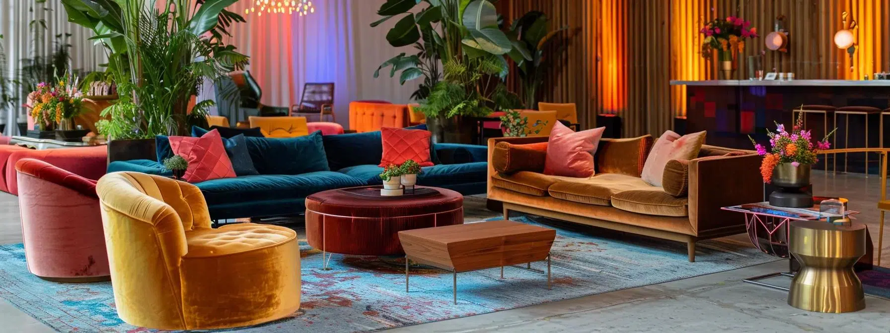 a vibrant event space showcases an eclectic mix of statement furniture, featuring a stunning bespoke velvet sofa and a striking wood and metal coffee table, all accented by bold colors and unique shapes that create an inviting and stylish atmosphere for guests.