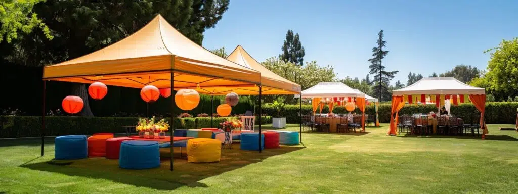 a vibrant outdoor event scene showcases neatly arranged pop-up canopies providing shade and comfort for guests, with colorful decorations and tables set for a stress-free gathering under a clear blue sky.
