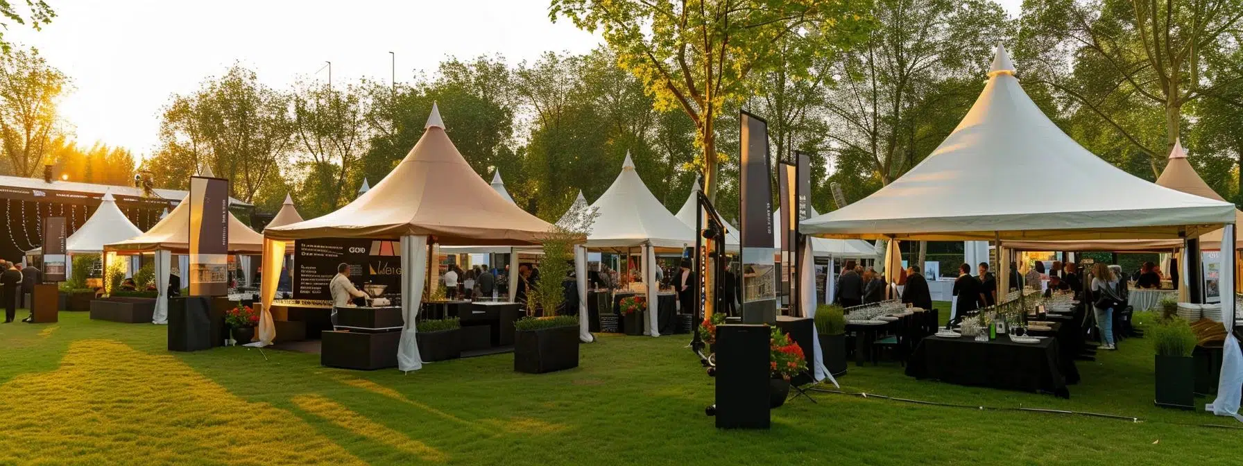 a vibrant outdoor event scene showcases a variety of elegant pop-up canopies, each uniquely styled, offering refined shelter amidst a bustling atmosphere of formal celebrations and casual trade shows.