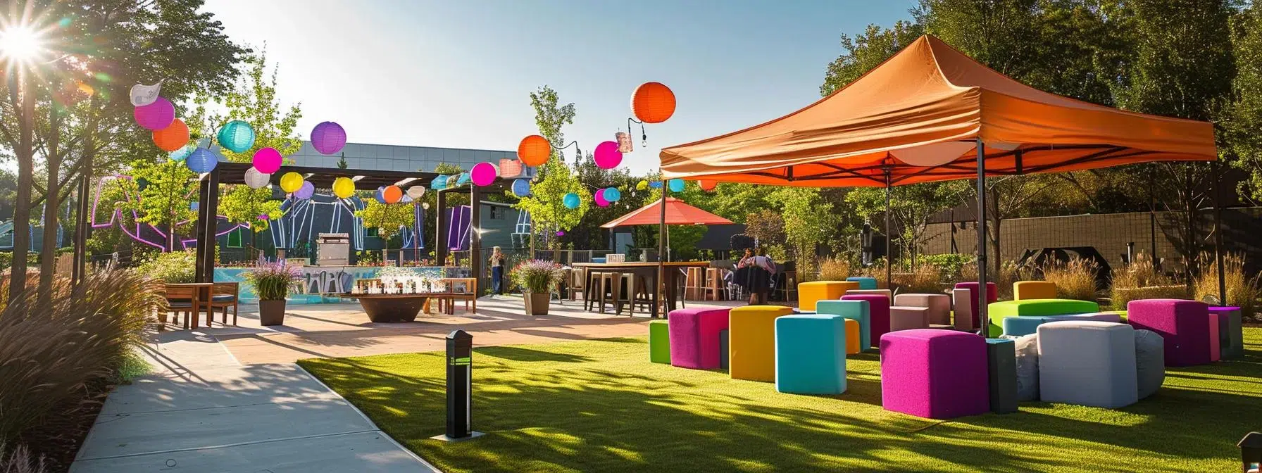a vibrant outdoor event setting showcases a sleek pop-up canopy effortlessly providing shelter for guests, with colorful decorations and lively seating arrangements, highlighting the simplicity and efficiency of outdoor event planning.