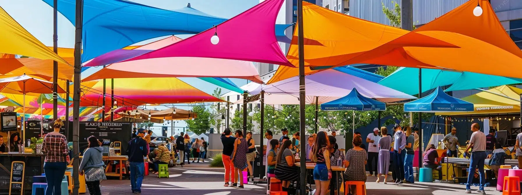 a vibrant urban outdoor event scene showcases a range of stylish pop-up canopies set up for a bustling market, with attendees mingling and vendors displaying their offerings beneath the colorful fabric structures.