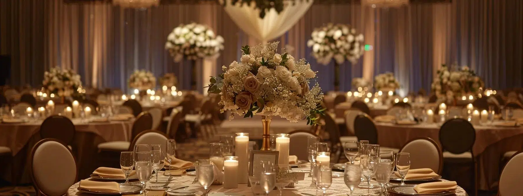 an elegant banquet setting featuring opulent tables draped with rich, eco-friendly linens in shades of cream and muted pastels, illuminated by stylish overhead lighting that enhances the luxurious atmosphere while showcasing a commitment to sustainability.