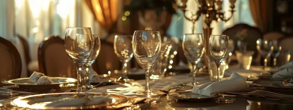 an elegant banquet table set in a sophisticated dining room, showcasing meticulously arranged glassware and polished flatware, exuding cohesion and refined taste.