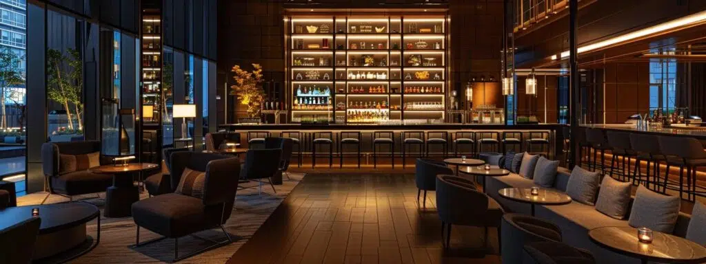 an elegant cocktail hour setting features stylish seating arrangements with modern furniture, dim ambient lighting, and a sophisticated bar backdrop, creating an inviting atmosphere for mingling and conversation.