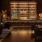 an elegant cocktail hour setting features stylish seating arrangements with modern furniture, dim ambient lighting, and a sophisticated bar backdrop, creating an inviting atmosphere for mingling and conversation.
