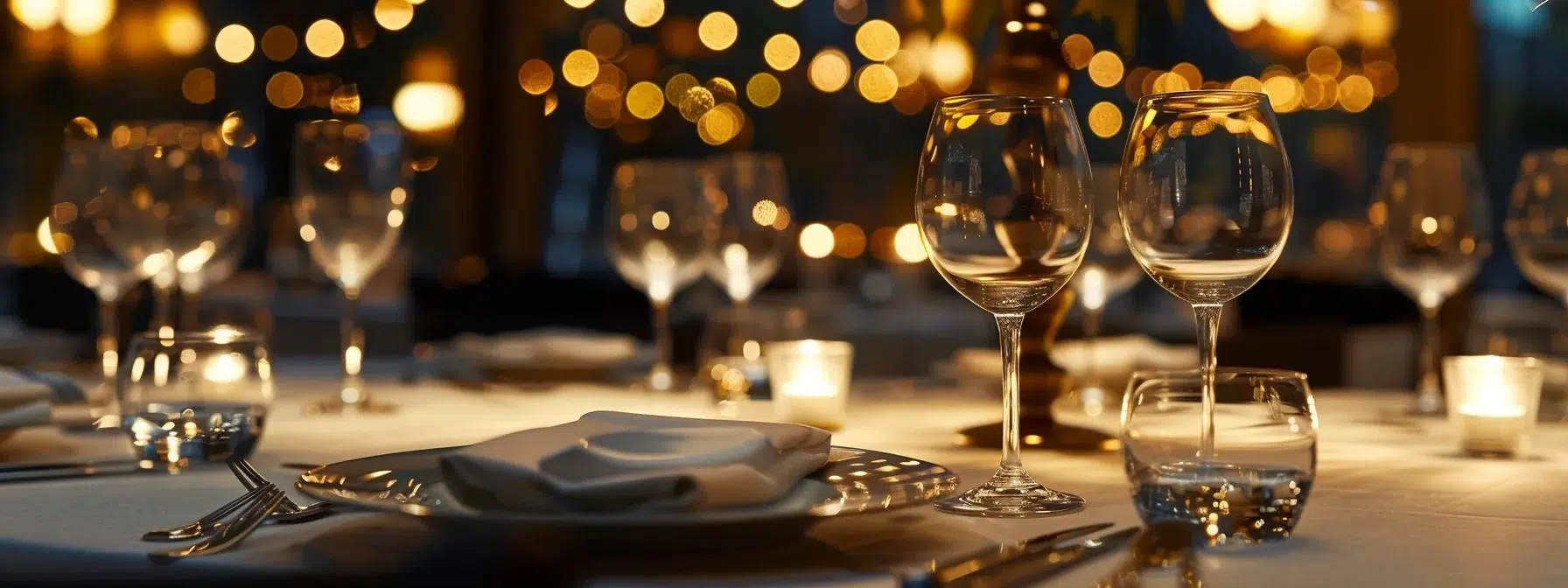 an elegantly arranged dining table set for a sophisticated gala, featuring harmoniously coordinated glassware and flatware that reflect the event’s refined atmosphere, with soft ambient lighting creating a warm and inviting ambiance.