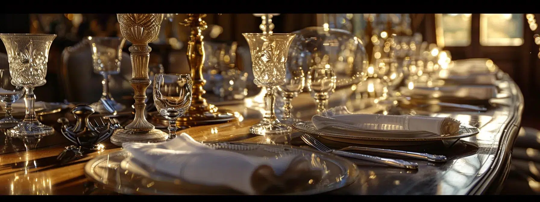 an elegantly arranged dining table set for a formal dinner, adorned with fine china, sparkling crystal glassware, and delicately folded napkins, creating an atmosphere of sophistication and anticipation for the occasion.