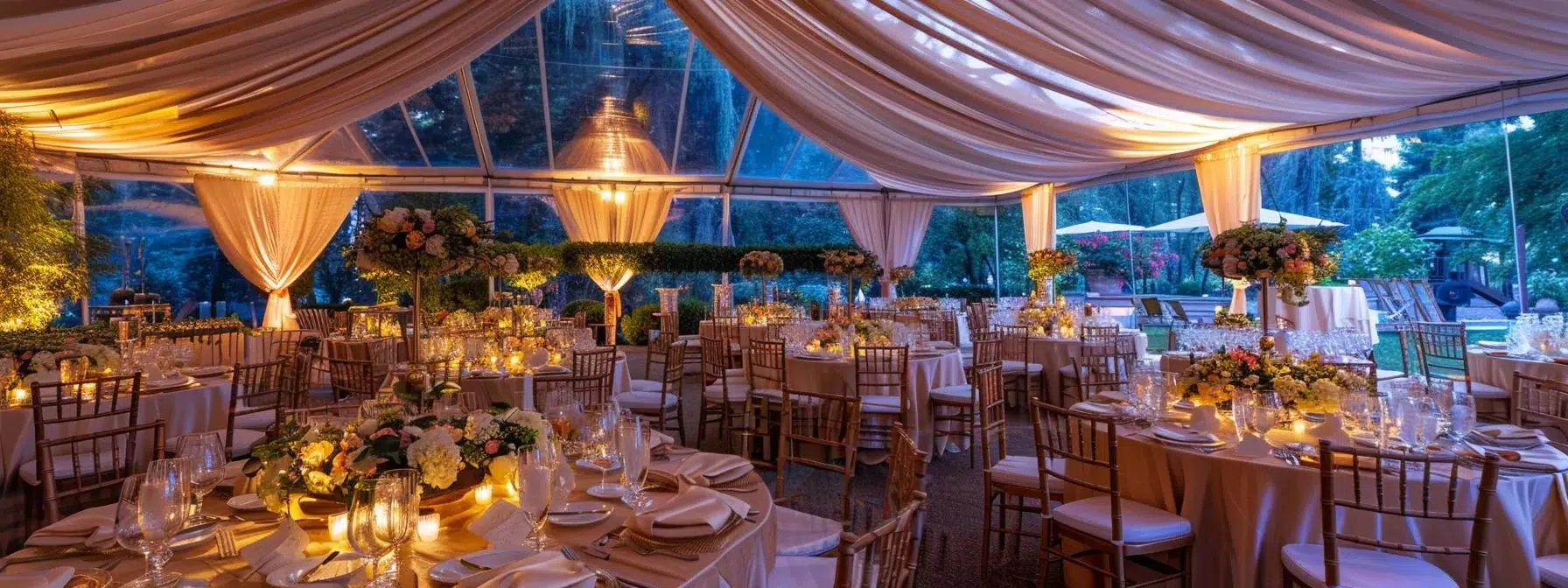 an elegantly arranged intimate tent, adorned with luxurious table settings and soft ambient lighting, sets the stage for a sophisticated dining experience during a private upscale gathering.