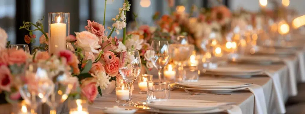 an elegantly arranged table set for a micro-wedding, featuring fine china, delicate floral centerpieces, and ambient candlelight, all showcased in a chic, modern indoor venue that exudes sophistication and intimacy.