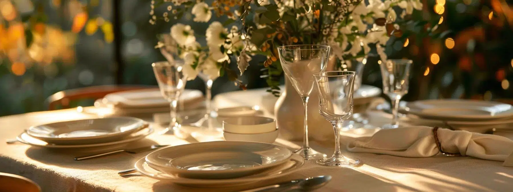 an elegantly arranged table setting for a micro-wedding showcases a cohesive blend of delicate linens, refined dinnerware, and chic centerpieces under soft, atmospheric lighting, creating a visually stunning focal point that exudes sophistication and attention to detail.